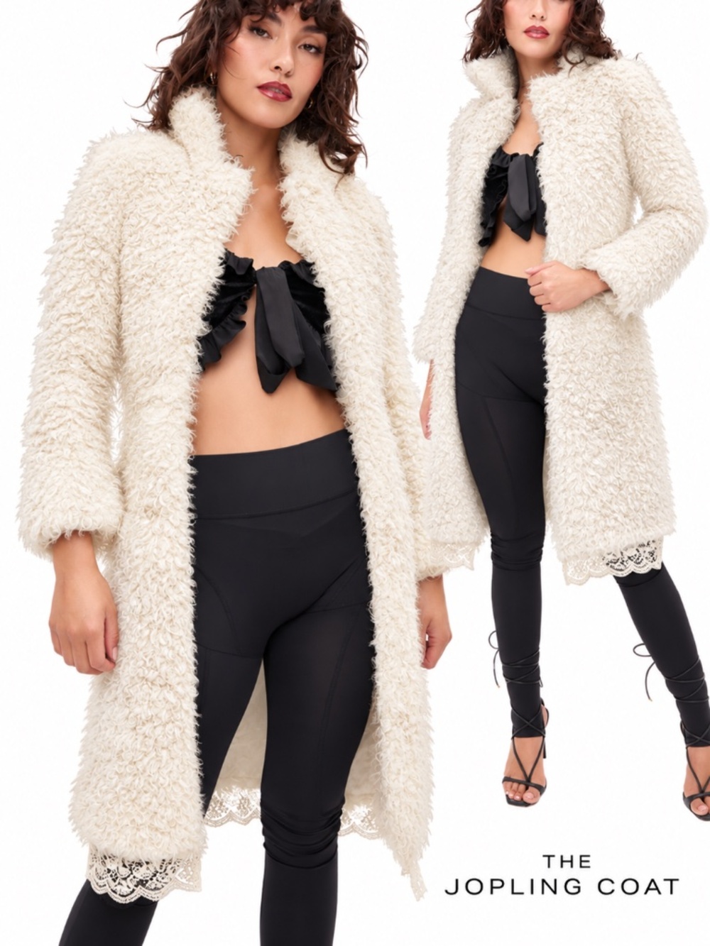 Serpenti Off White Shaggy Faux Fur Long Coat with Lace Trim